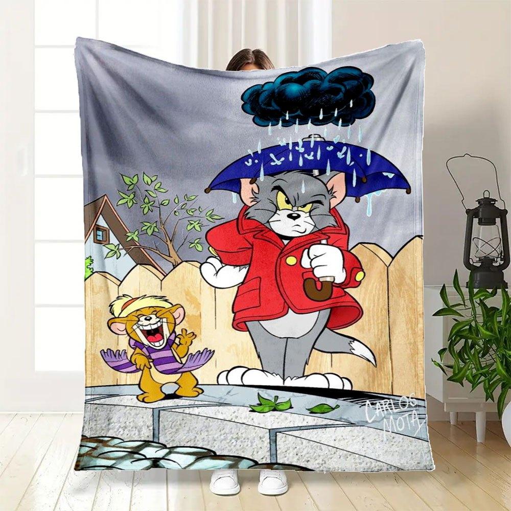 Tom and Jerry Rainy Day Adventure Poster PrintBlanket Flannel Throw Blanket for Sofa, Bed, Travel, Camping, Office