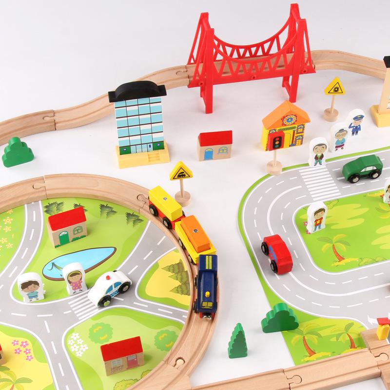 Children'S Wooden Early Education 82 Pieces Simulation Track Small Train Urban Traffic Road Parent-Child Set Toys