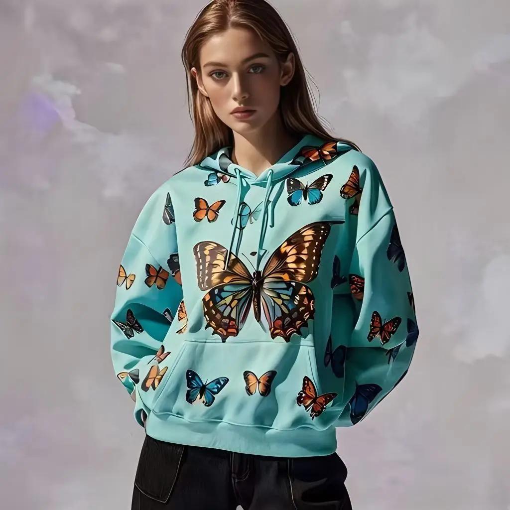 

Осень 2025 Новинка Женская толстовка с 3D цифровой печатью с принтом бабочки и животного, спортивная одежда, персонализированная модная толстовка свободного кроя 4XL