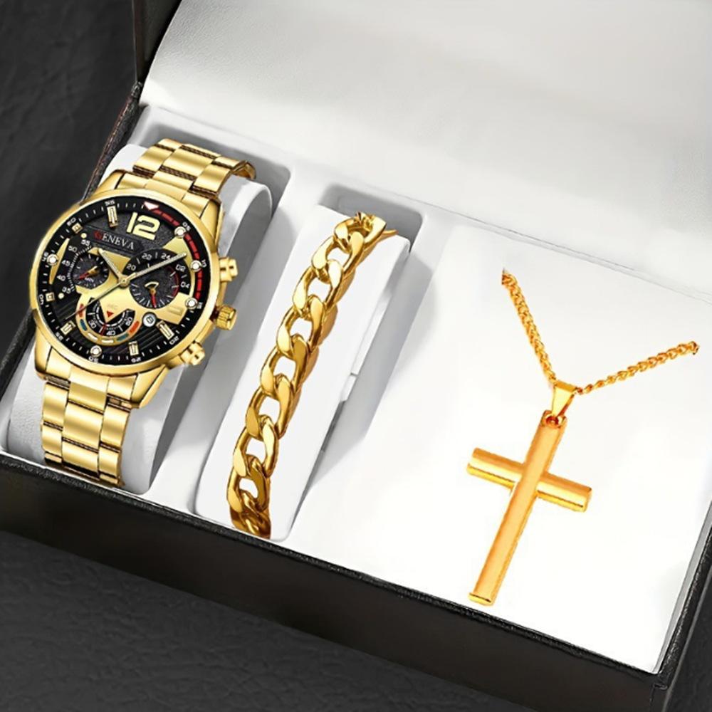 Men's Business Trend 3pcs/set Three-eye Single Calendar Steel Belt Watch + Bracelet + Cross Bracelet Set