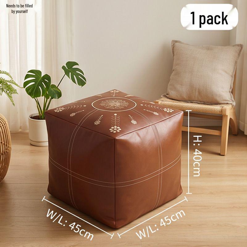 Leather Square Storage Ottoman - Faux Oil Wax Finish, Embroidered Design, Multipurpose Stool & Sofa Seat for Living Room.