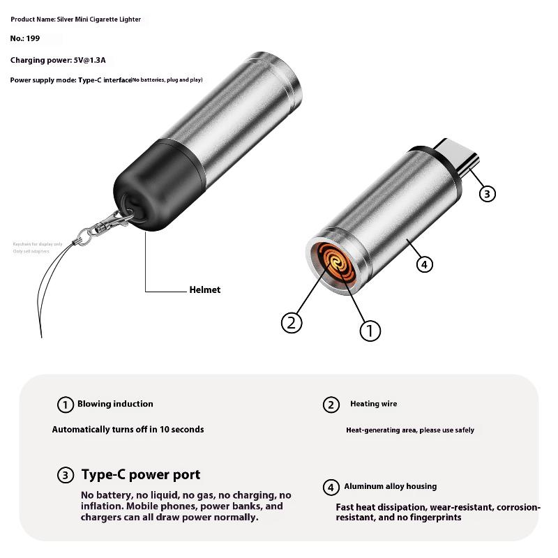 Type-C Mini Mobile Cigarette Air Blowing Cigarette Lighter Auto Shut-Off Safety Portable Cigarette Lighting Artifact