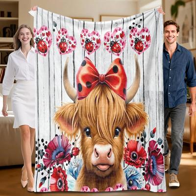 1 Piece Floral Cow-themed Soft Flannel Blanket, Suitable for Sofa, Bed, Office, All-season Use.