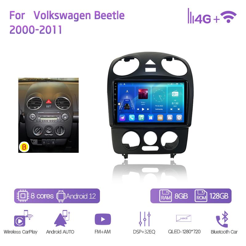 9.0Inch Car Multimedia Player For Volkswagen Beetle 2000-2011 GPS Navigation Radio Android12 8+128G 8Core CarPlay 4G 360Camera