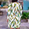 Women Plus Size V Neck Long Sleeve Teal Yellow Leaf Printed Straight Dress
