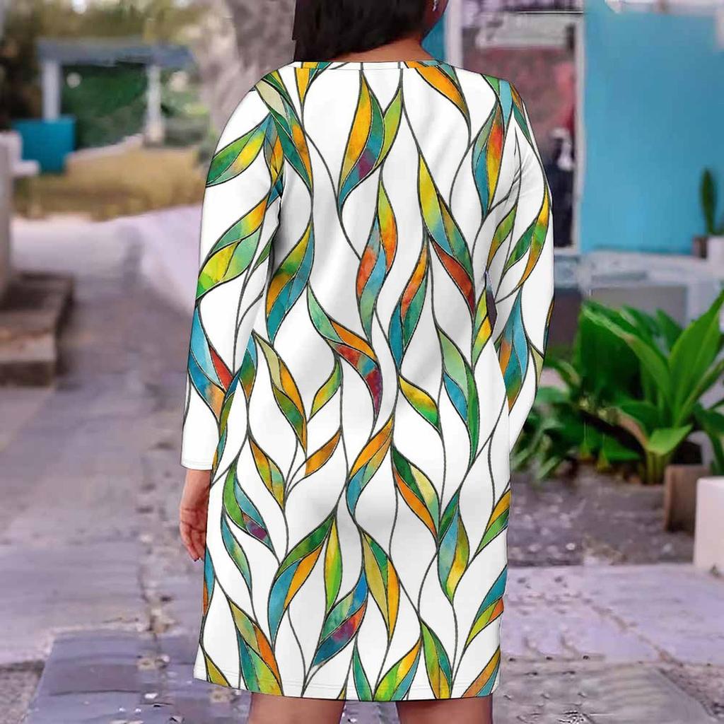 Women Plus Size V Neck Long Sleeve Teal Yellow Leaf Printed Straight Dress