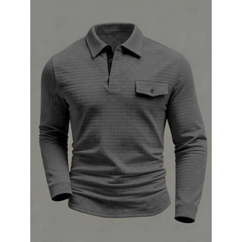 Spring Autumn Men's Classic Polo Shirt - Daily Casual Design with Chessboard Pattern Patch Pockets On The Collar and Long Sleeve