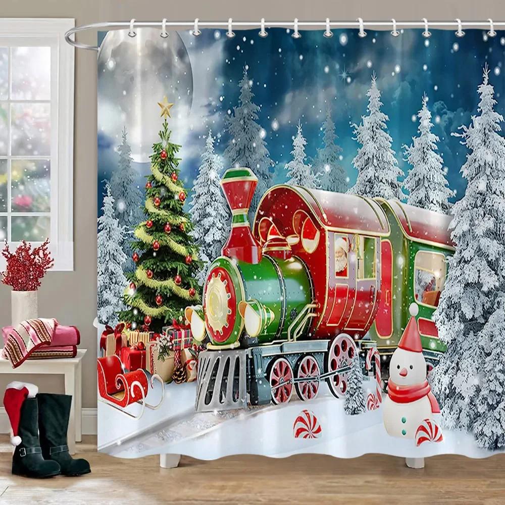 Christmas Backdrop Shower Curtain Holiday Gifts Fireplace Christmas Tree Garland Fabric Bath Curtains Bathroom Decor With Hooks