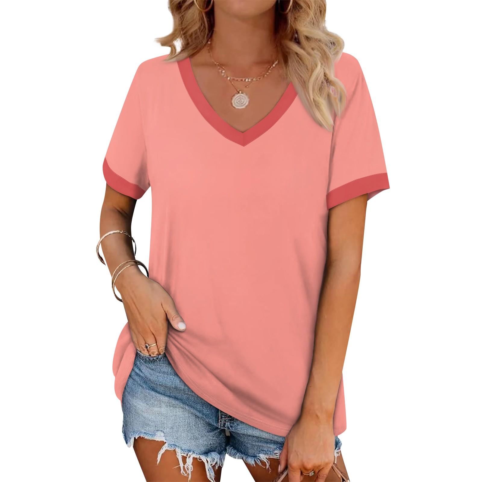 

Women s Fashion Short Sleeves V Neck T Shirts Casual Summer Tops Basic Tees XXL розовый