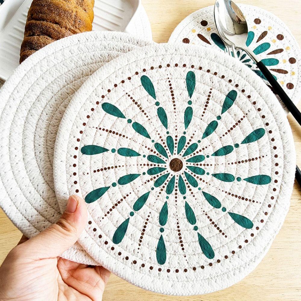 

Heat Insulation Round Coaster Non-Slip Pot Pad Table Mats Woven Cotton Placemat Table Decoration
