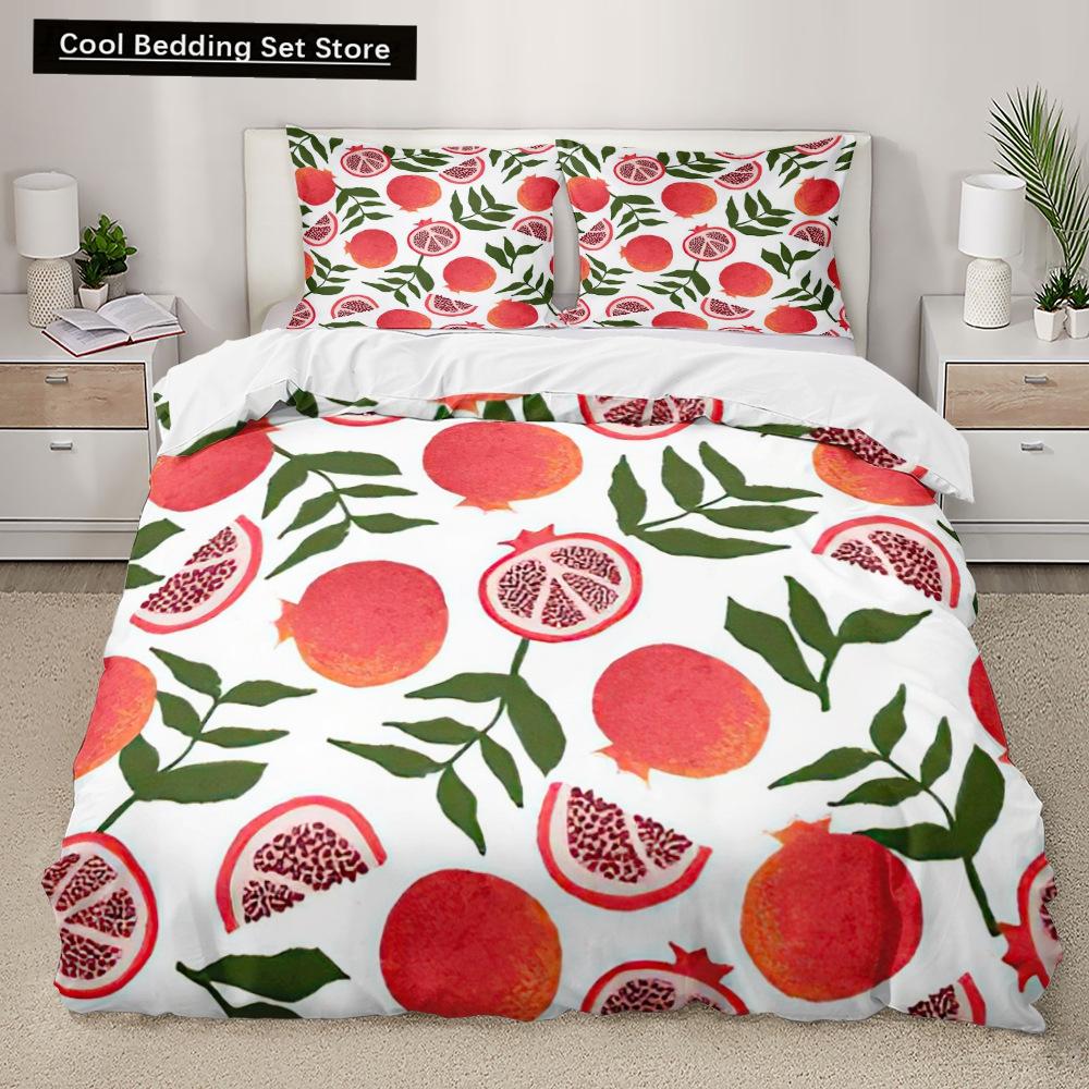 Red Pomegranate King Queen Duvet Cover Summer Tropical Fruit Bedding Set for Adults Green Leaves 2/3pcs Polyester Quilt Cover