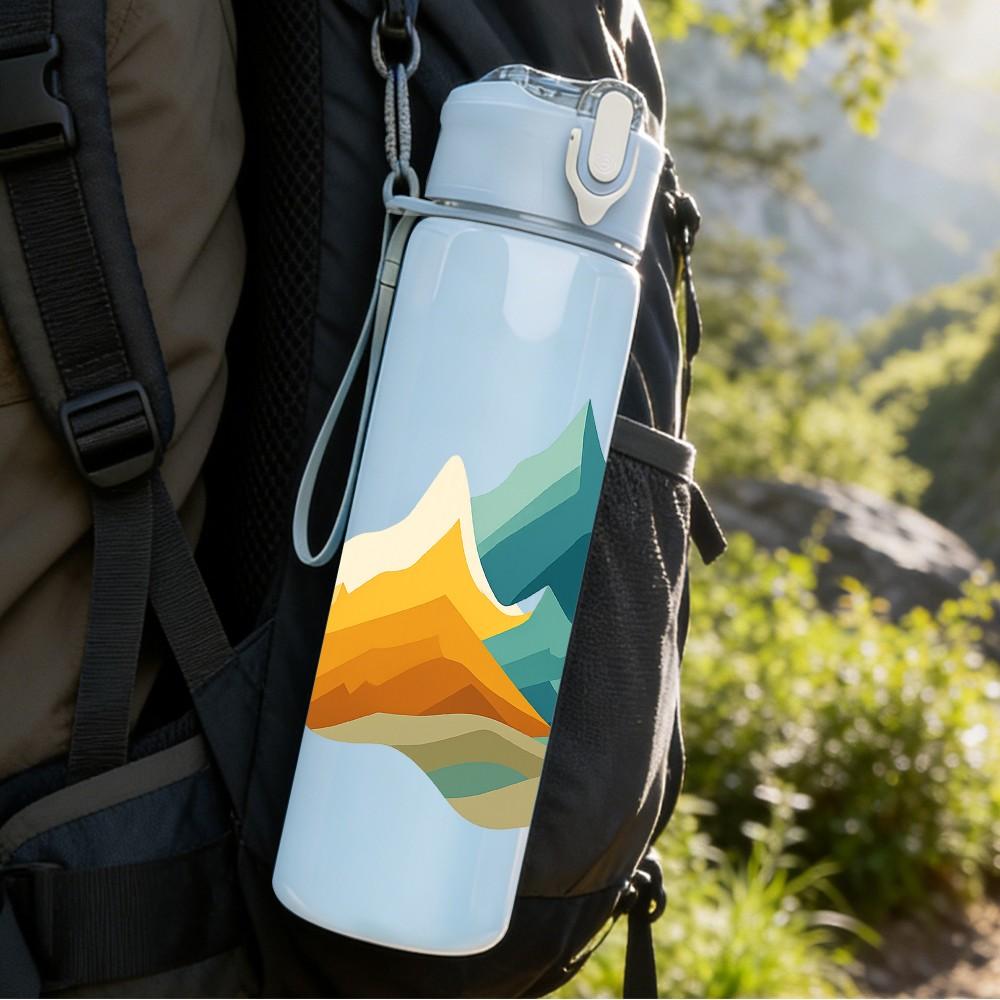 1PC Mountain Peak Minimal Landscape 750ml Color Plastic Sports Water Bottle Leakproof Flip Straw Lid Suitable for Sports Office Home Use