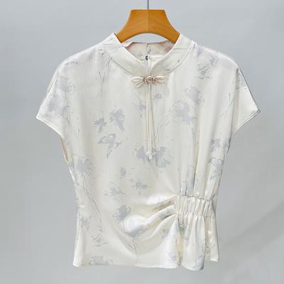 Stand-collar Retro Satin Jacquard Shirt for Women New Women's New Chinese Pleated Waist Top