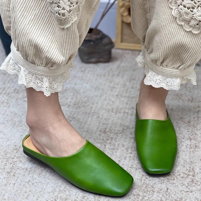 Mode GKTINOO 2025 Zomer Nieuw Echt Leer Zachte Zool Platte Slippers Retro Effen Kleur Veelzijdige Damesschoenen Buiten Slides