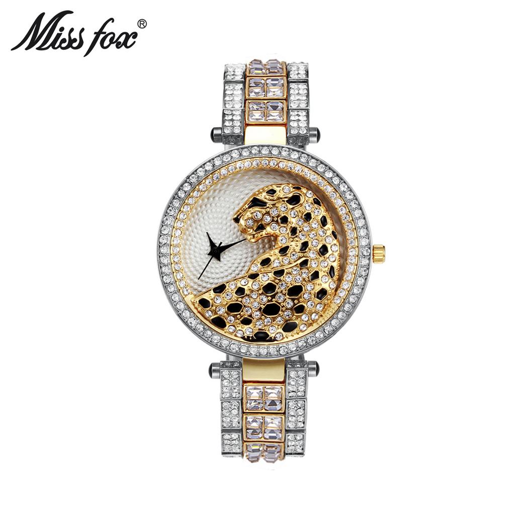 MISSFOX Women Quartz Watch Fashion Bling Casual Ladies Watch Female Quartz Gold Watch Crystal Diamond Leopard For Women Clock