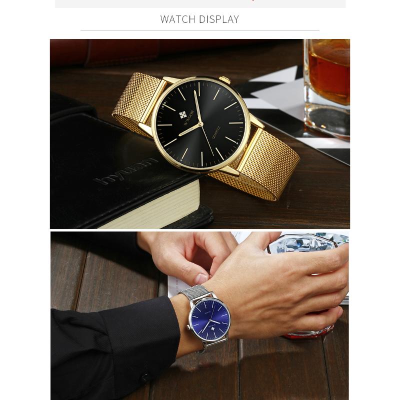 WWOOR Gold Watches Ultra Thin Simple Men Quartz Watches Waterproof Mesh Belt Full Stainless Steel Wristwatch