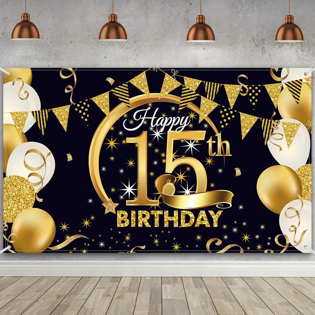 Birthday Party Decoration Extra Large Fabric Black Gold Sign Poster for Anniversary Photo Booth Backdrop Background Banner, Birthday Party Supplies,