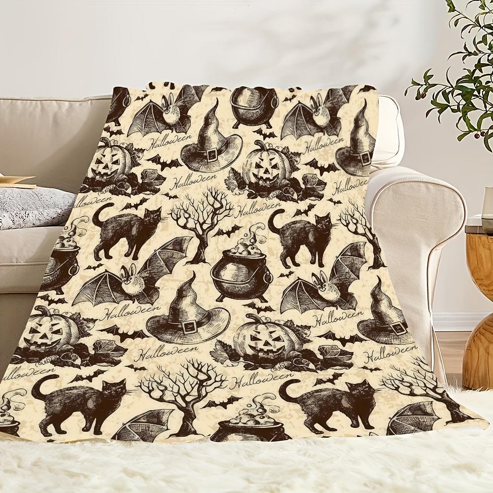 Halloween Vintage Flannel Fleece Blanket | Cozy All-Season Throw with Black Cat, Pumpkin, Bat & Witch Hat Designs Throw Blankets