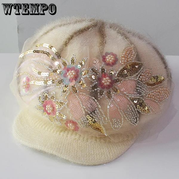 WTEMPO Warm Solid Color Sequins Flowers Plush Hats Women Autumn Winter Retro Vintage Cold-proof Windproof Hats