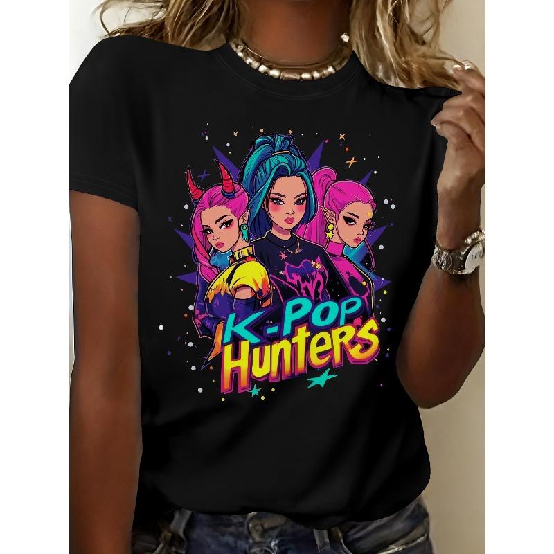 

European size Three cartoon female characters pink hair with hornsPure fashionable Women s T-shirt, casual commuting, round neck 4XL