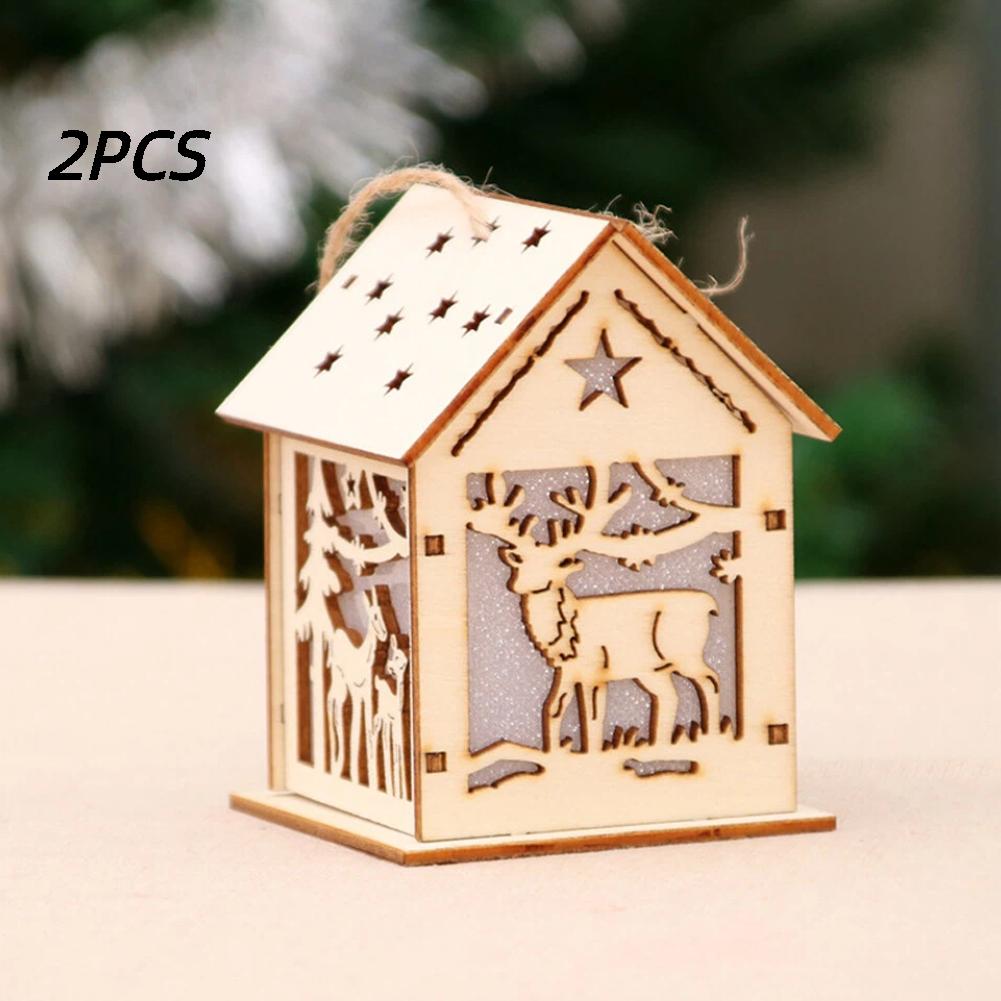 Christmas Tree Ornament, 2pcs Wooden Luminous Pendant Christmas Creative Small House Pendant for Xmas New Year  Home Party Decor