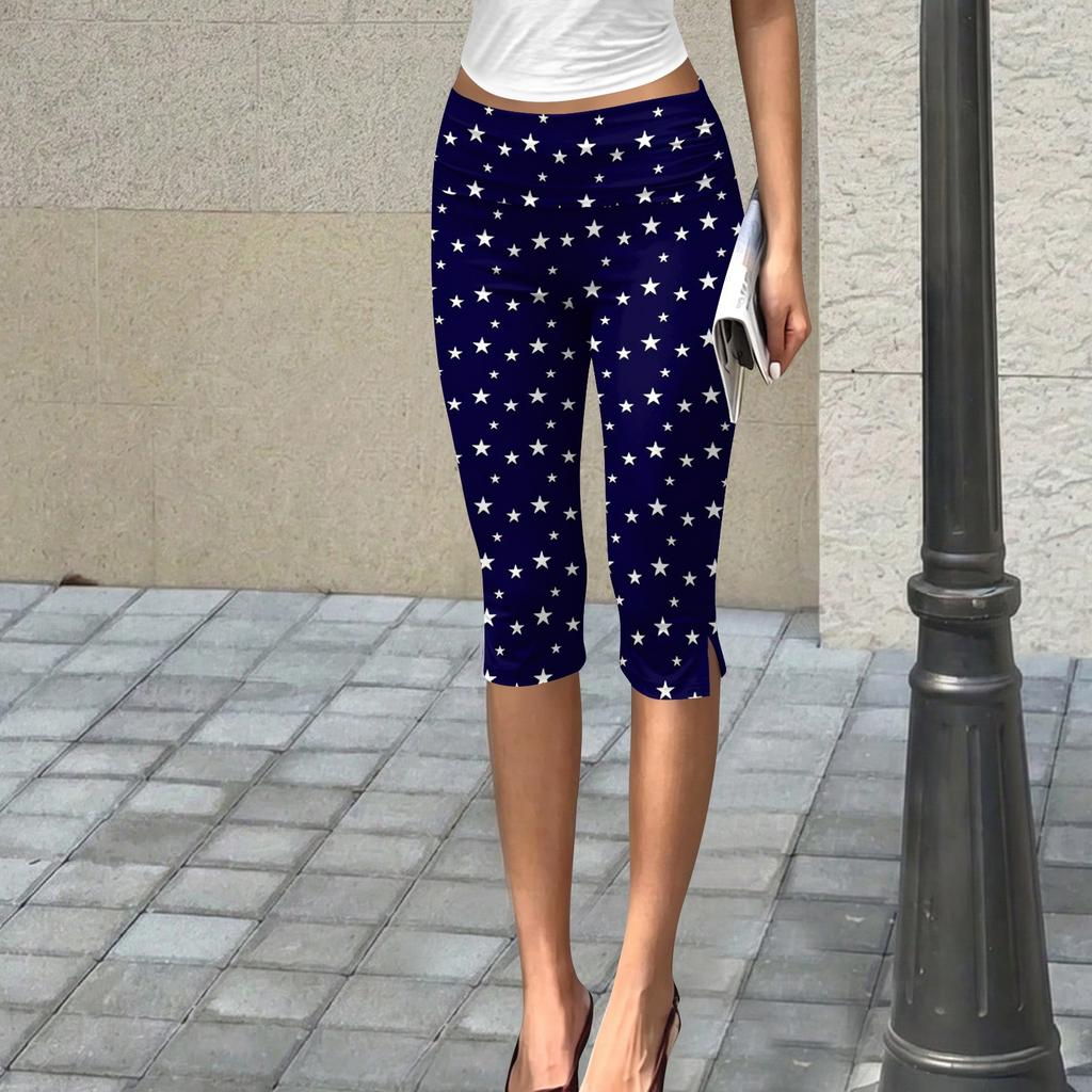 Damen Slim Fit Bedruckte Raffierte Capri-Hosen Dehnbar Mittelhoher Bund Elastische Taille Gekürzte Hosen Lässige Unterteile für den Täglichen Gebrauch