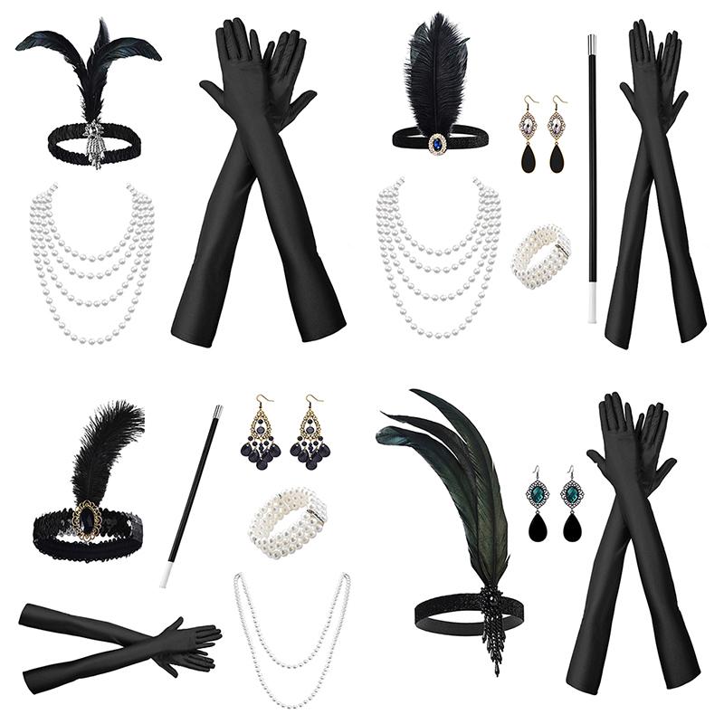 1 Set Costum Cosplay Flapper anii 1920 Bandă de Pene Colier de Perle Mănuși Lungi Accesorii Mascaradă Gatsby