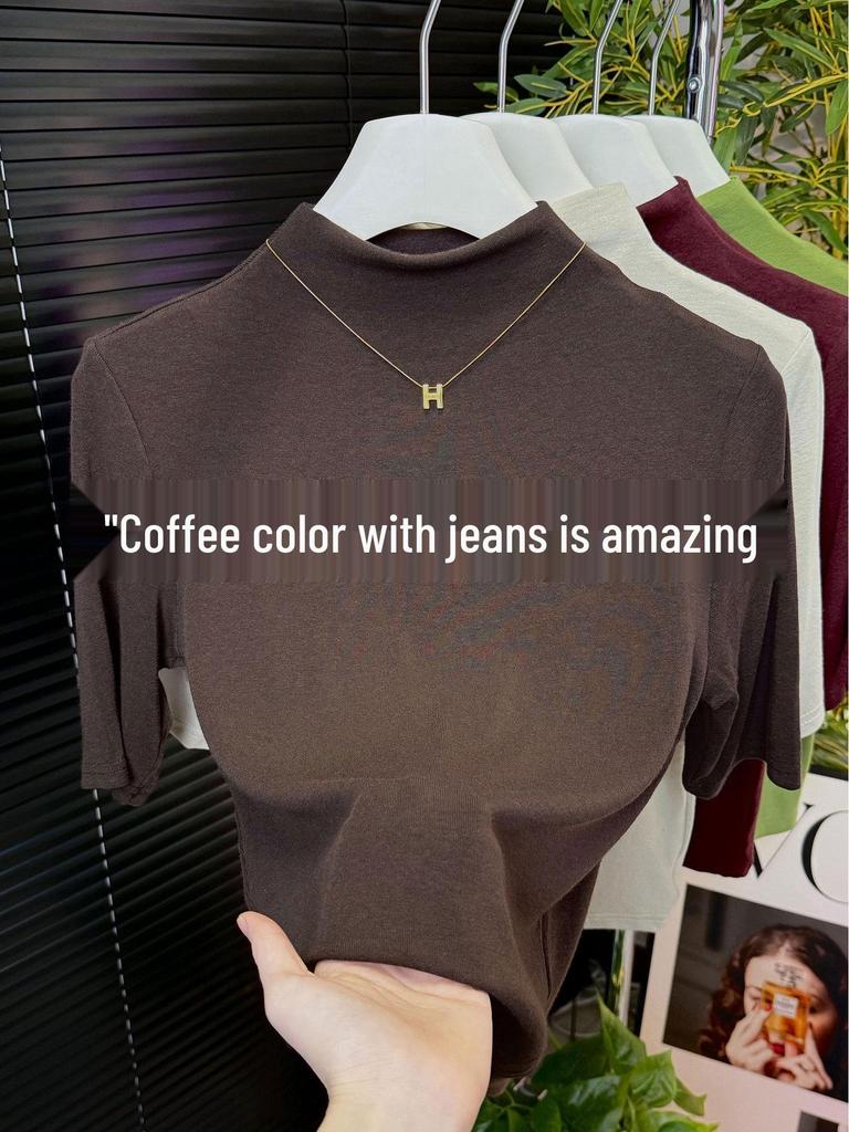 Women's Spring 2026 Red Mid-Sleeve High-Collar Slimming T-shirt – Fashionable Simple Solid Color Top