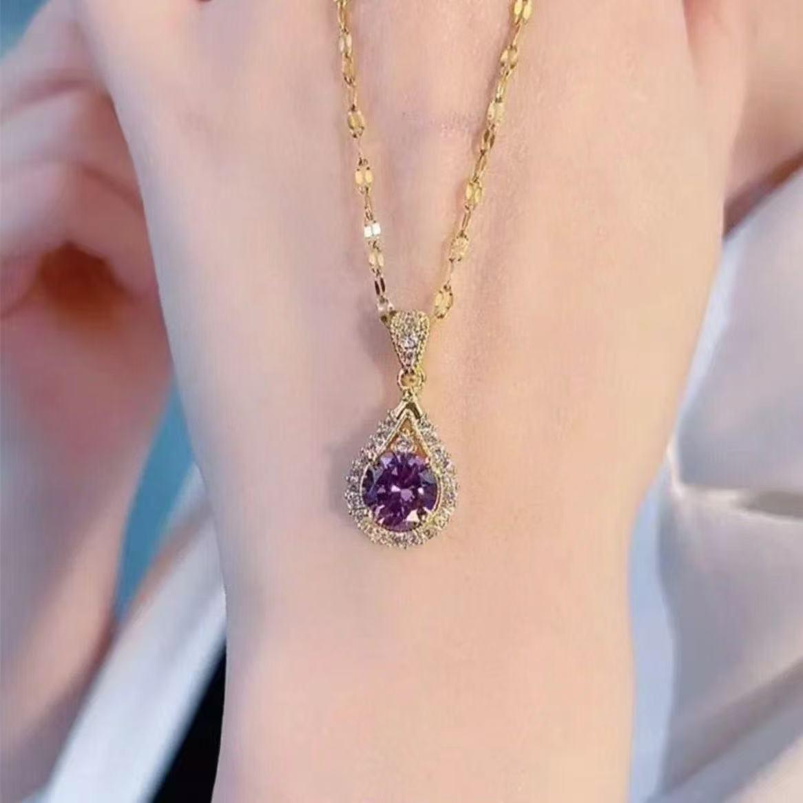 Elegant Women s Purple Diamond Gold Water Drop Pendant Necklace - High-End Fashionable Clavicle Chain