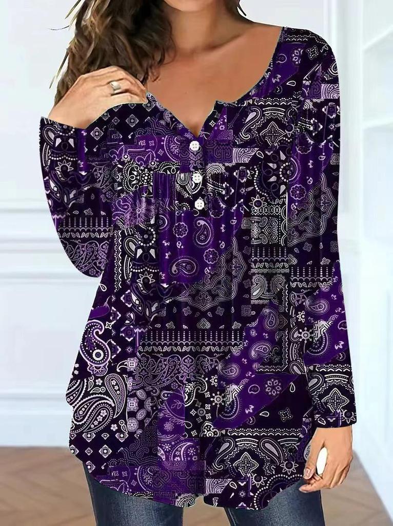 Elegant Plus Size Paisley V-Neck Button Top for Women