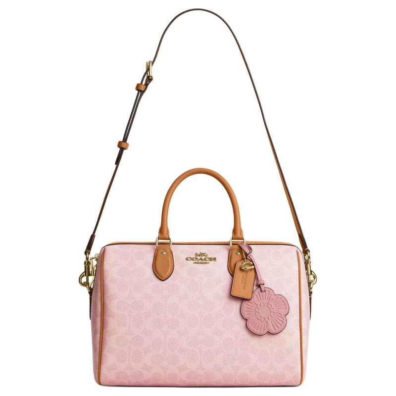 Coach Bolsa de ombro Rowan 30 com fecho de flor em lona revestida, tamanho grande, feminina, rosa