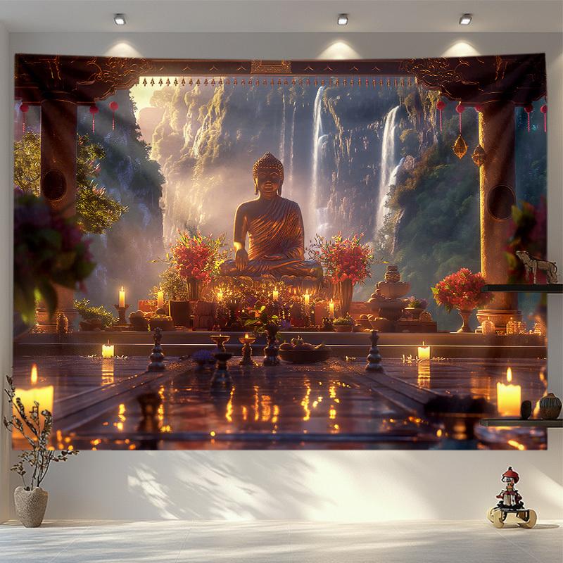 Golden Buddha Waterfall Tapestries-Natural Landscape Wall Hanging 150x 200cm Tapestry for Bedroom and Living Room Decoration