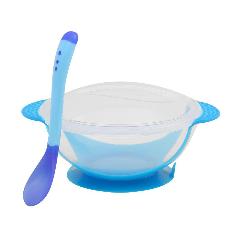Non-Slip Suction Bowl Set: Drop-Proof Bowl, Lid, Temp-Sensitive Spoon & Fork for Infants & Toddlers