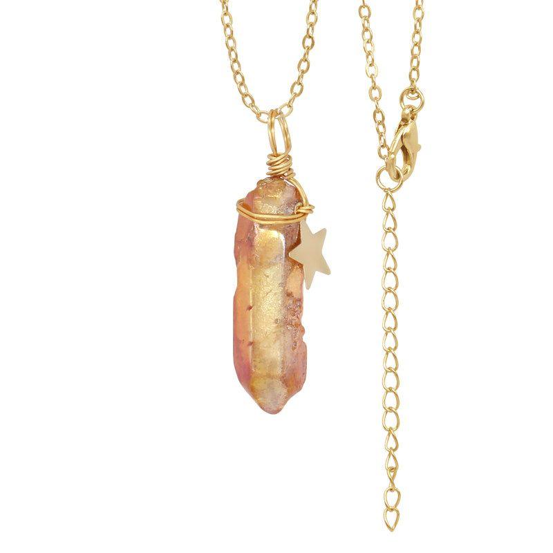 

Fashion Plating Color White Crystal Point Winding Single Pointed Column Pendant Natural Asymmetrical Colorful Crystal Stone Necklace Color Plated Orange/Gold Wire + Star