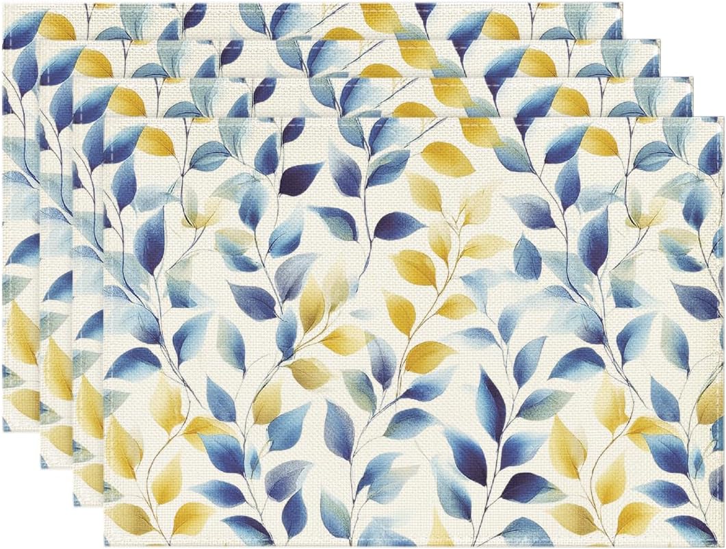 

Watercolor Blue Yellow Leaves Summer Placemats Set of 4, 12x18 Inch Seasonal Holiday Table Mats for Party Kitchen Dining Decoration 4pcs-12x18