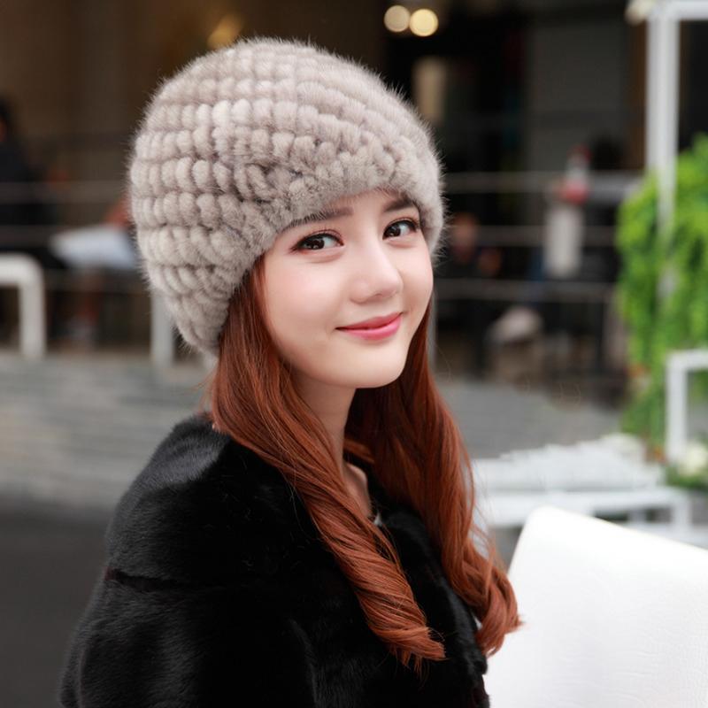 Mink Fur Hat Women Winter Ear Protection Warm Natural Fur Knitted Hat Fluffy Fur Snow Caps Ladies Black Fur Caps Winter Cap