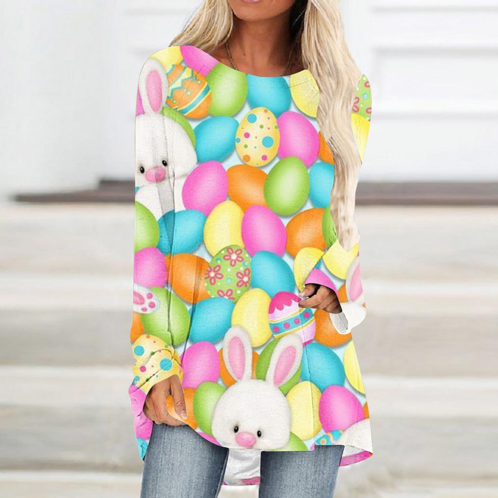 Round Neck 3D Rabbit Festival Printed Top Fashionable Casual Long Sleeved Women's T-shirts