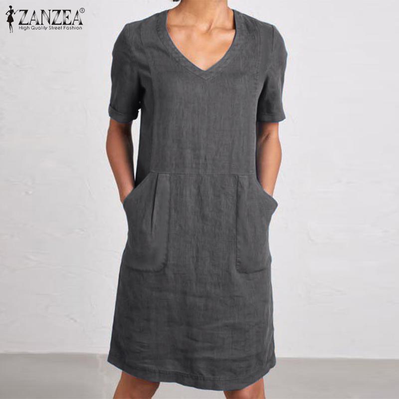

ZANZEA Женское хлопковое повседневное свободное летнее платье с v-образным вырезом и короткими рукавами