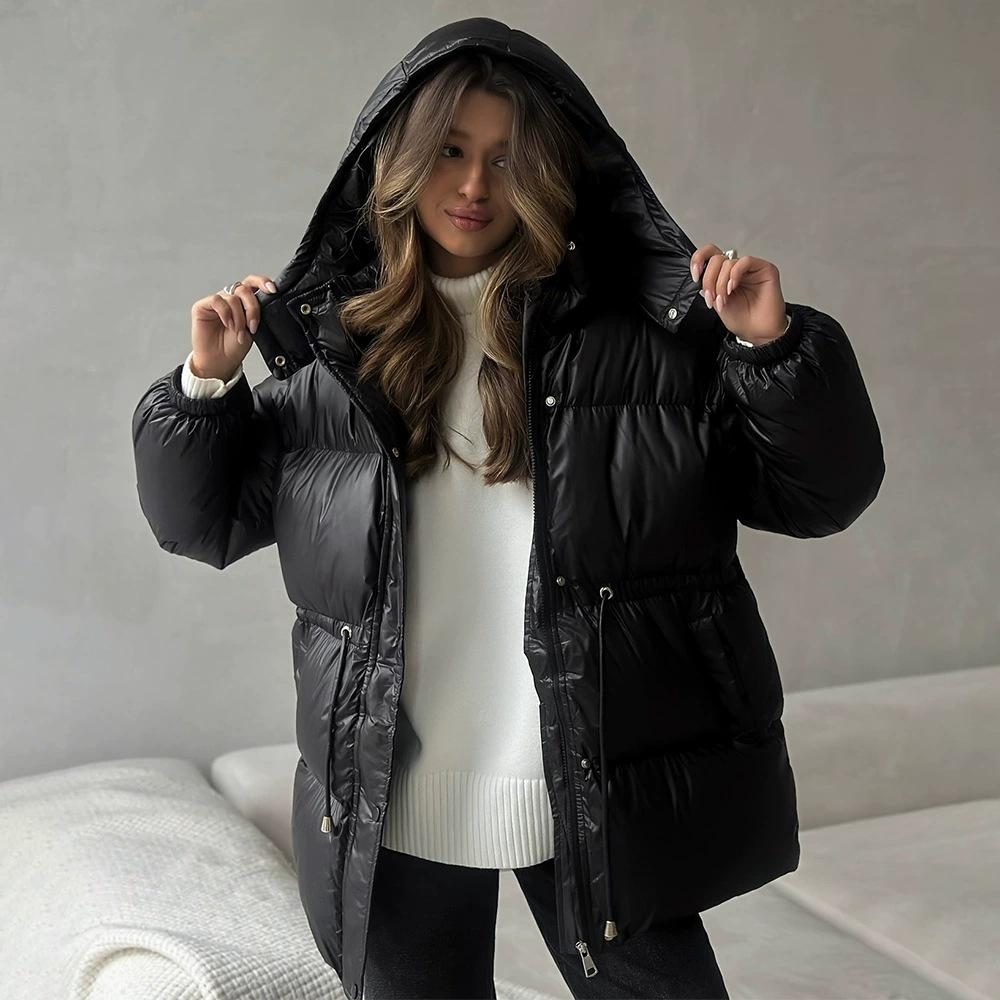 2025 European & American Slim-Fit Hooded Winter Cotton Jacket: Comfortable, Warm, Cross-Drawstring Design with Zipper.