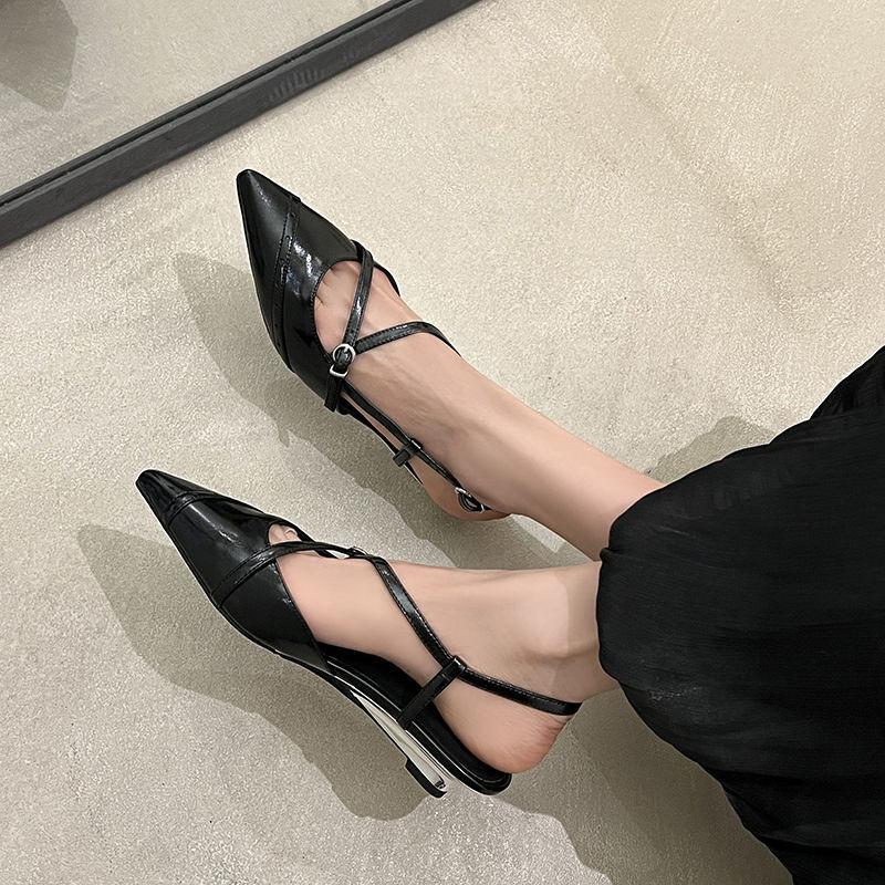 Fashion New Summer Sandals Split Leather Pointed Toe Sandals for Women Low Heels Fashion Retro Sandals Wedges Ladies Shoes Women Black