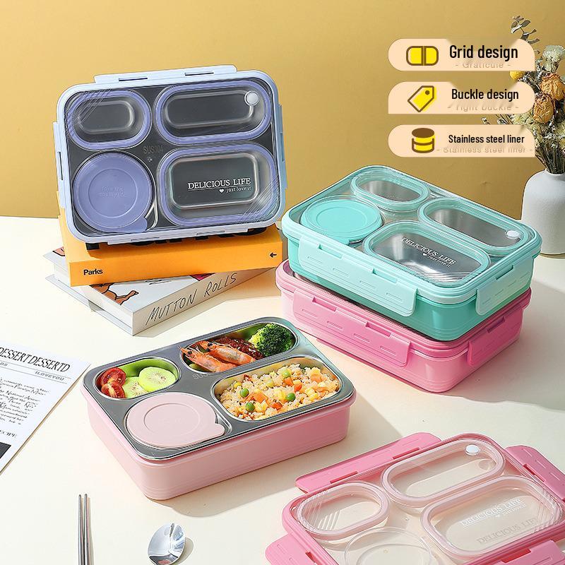 Leak-Proof Stainless Steel Square Lunch Box with Four Compartments: Portable, Multi-Functional, Ideal for Work or School, Customizable Logo