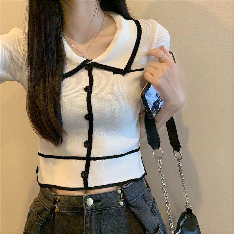 Polo Collar Short Sleeved T-shirt for Women's Summer Design Niche Slim Fit Short Top Spicy Girl Top Ins