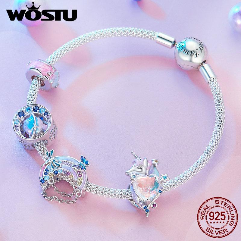 WOSTU Fantasy Series 925 Sterling Silber Einhorn-Charm, mystischer Herz-Anhänger, Planet, Regenbogen-Perlen, passend für Armbänder, Halsketten, DIY-Geschenk