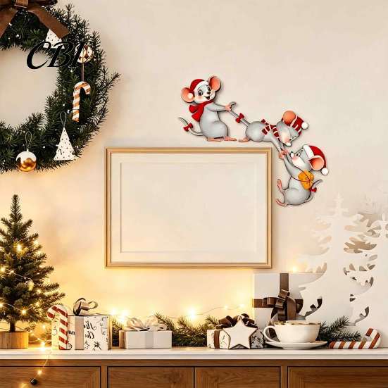 Waterproof Christmas Room Accents Cartoon Three Mice Wooden Door Frame Decor, Santa Mouse Easy Assembly Sign Corner Ornament, Xmas Party Home Holiday