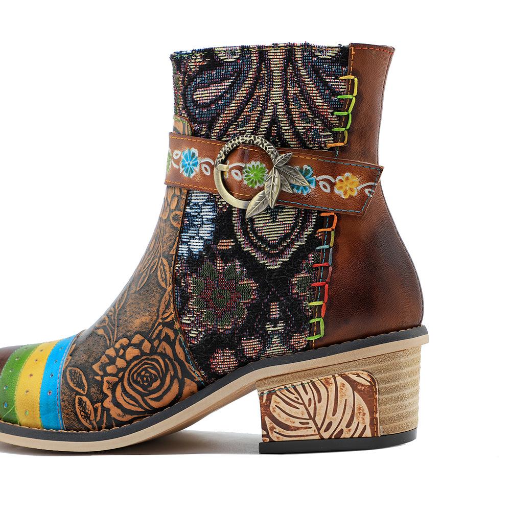 Johnature Handmade Genuine Leather Shoes Printing Contrast Retro Casual Comfort Women's Short Boots