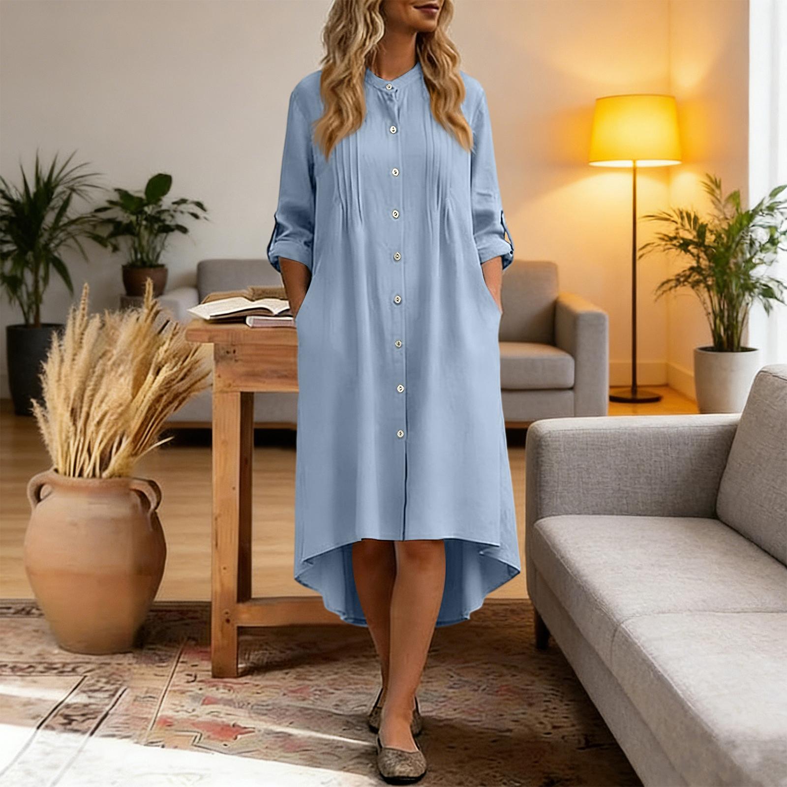 

Women s Color Spring Color Stand Up Collar Long Sleeved Loose Shirt Dress S синій