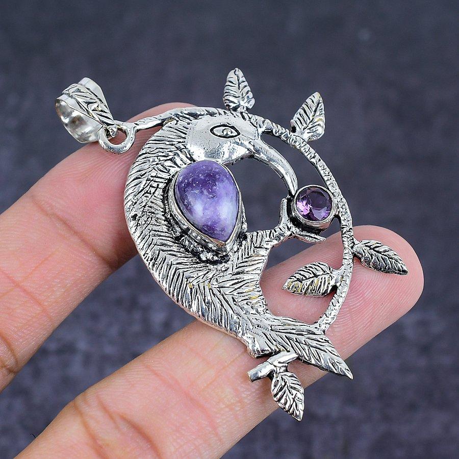 Natural Lepidolite, Amethyst 925 Sterling Silver Jewelry Pendant 2.56" O9b87