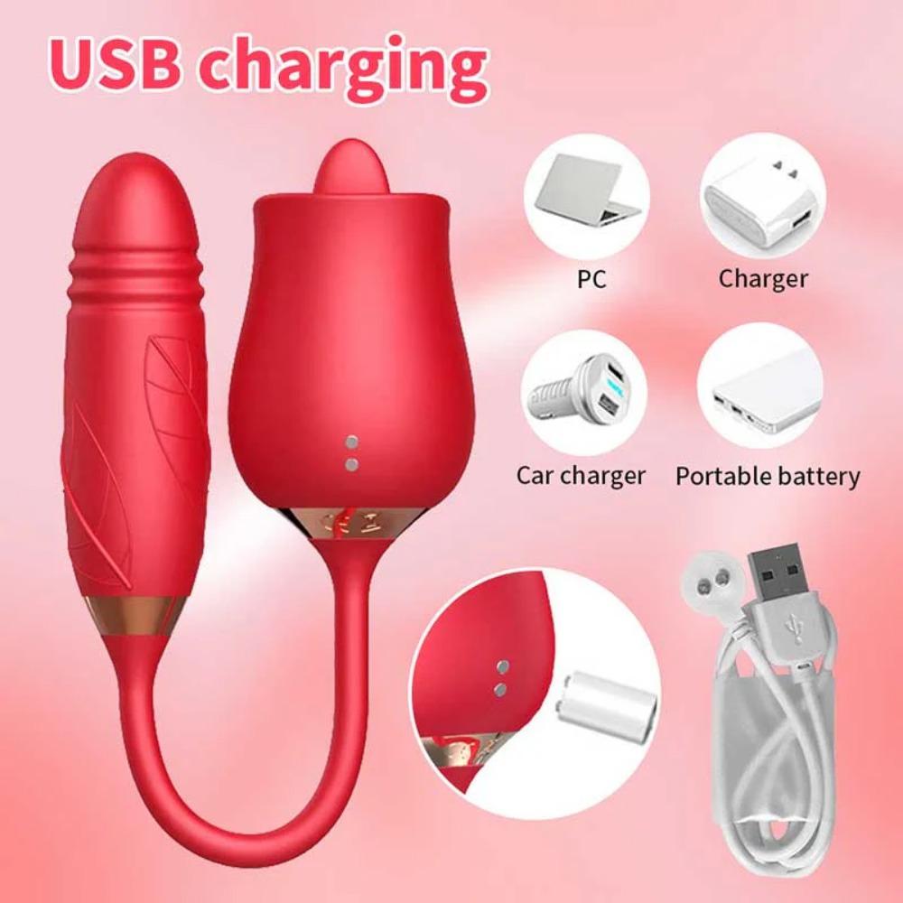 10 Frequencies Double Head Rose Toy Vibrator w/ Thrusting Dildo