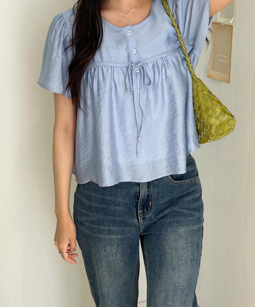 Ini Ribbon Blouse - Ivory, Sky Blue