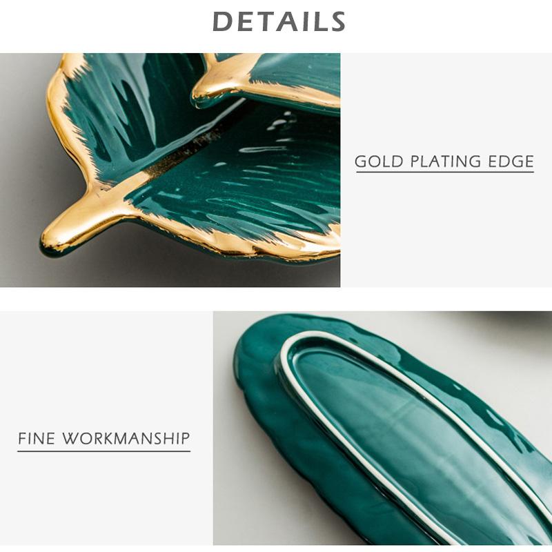 Gold Plating Ceramic Plate Set Fashion Feather Design Jewelry Tray Tableware Accessories Dim Sum Fruit Plate Kitchen Dining Dish